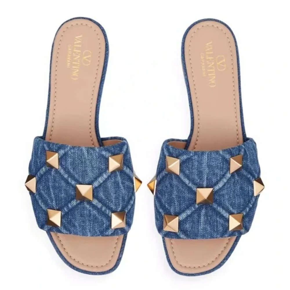Valentino Garavani Roman Stud Slip-On Denim Mule Slide Sandals 41